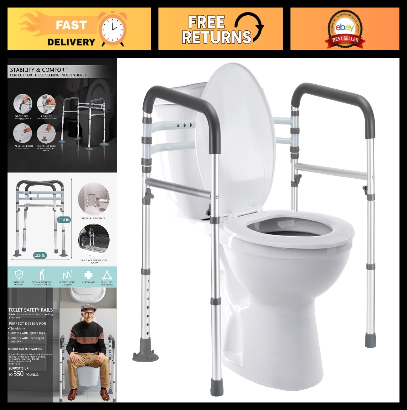 Toilet Safety Rails   Adjustable Height & Width, Foldable Design, 350 lbs Capaci0