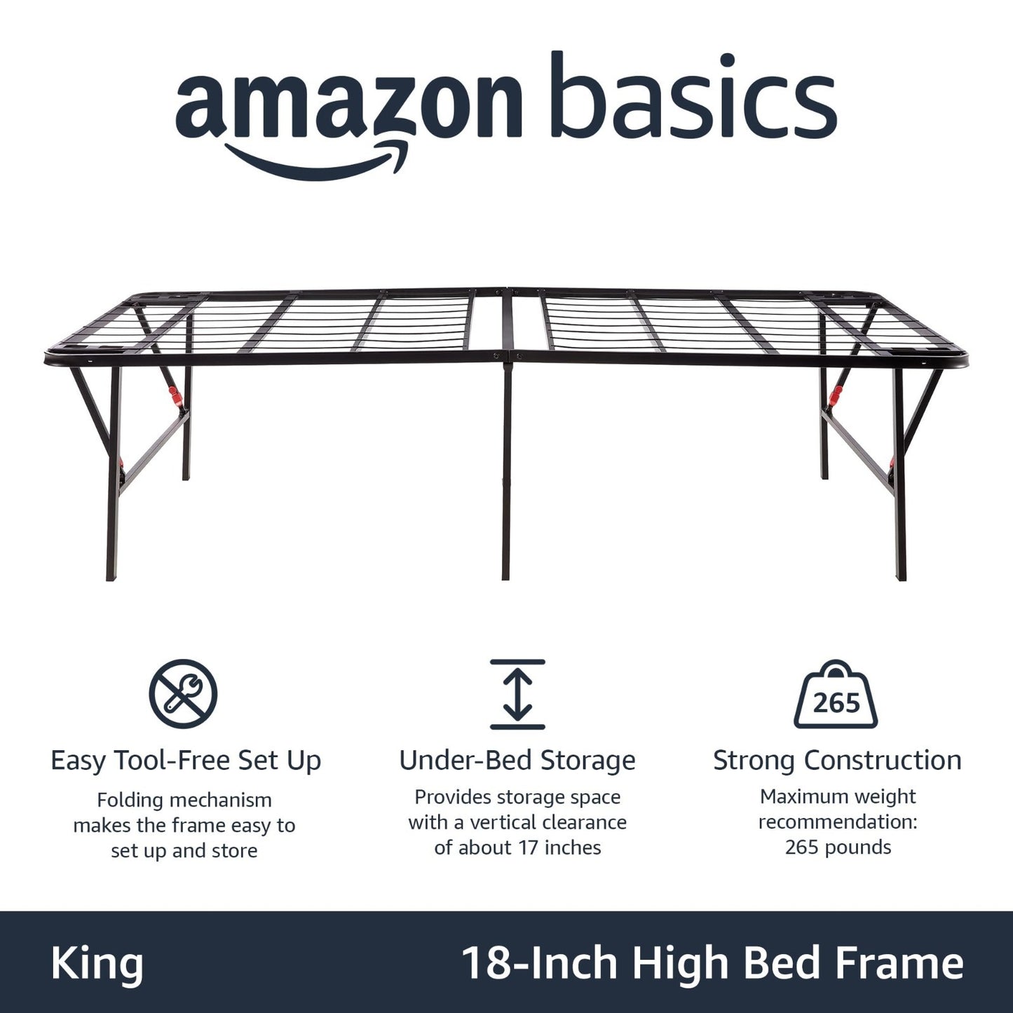 Foldable Metal Platform Bed Frame   King Size, Sturdy Steel, 18" High, No Box Sp3