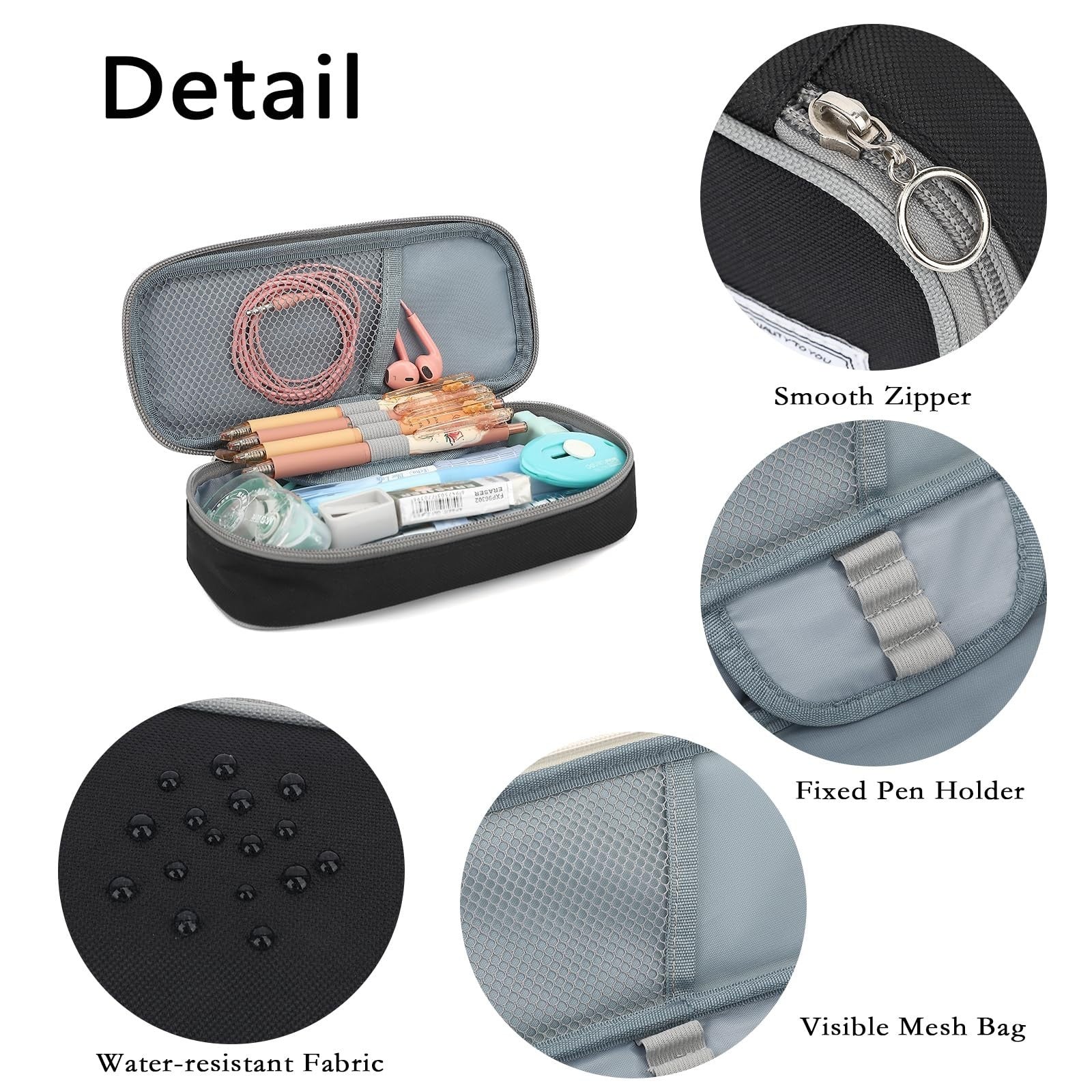 Multi Compartment Pencil Case, Portable Pouch for School & Office, Black/Gray3