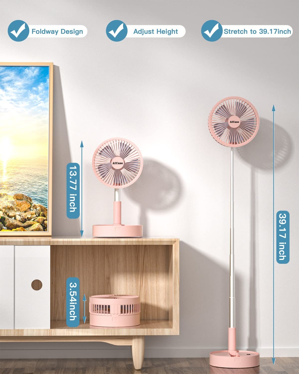 Portable Folding Stand Fan, USB Desk Fan with 7200mAh Battery, 4 Speeds, Adjusta2