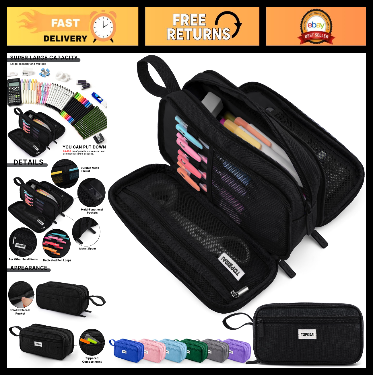 Large Pencil Case Pouch for Kids & Adults   Stylish Storage for School & Office0