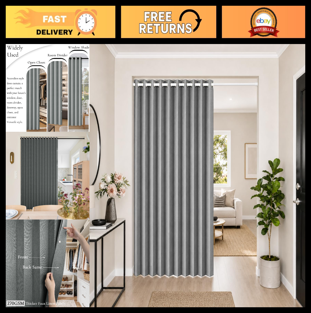 Folding Accordion Closet Door Curtain   Fabric Panel for Open Closets, 74"x80",0