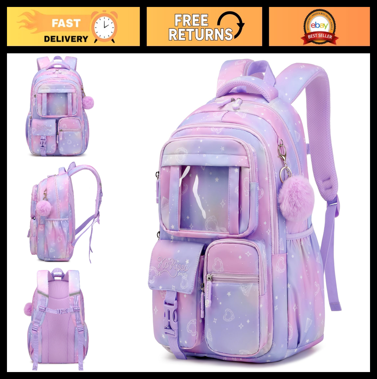 Kawaii Purple Kids Backpack - School Bag for Girls, Middle & Elementary Students0