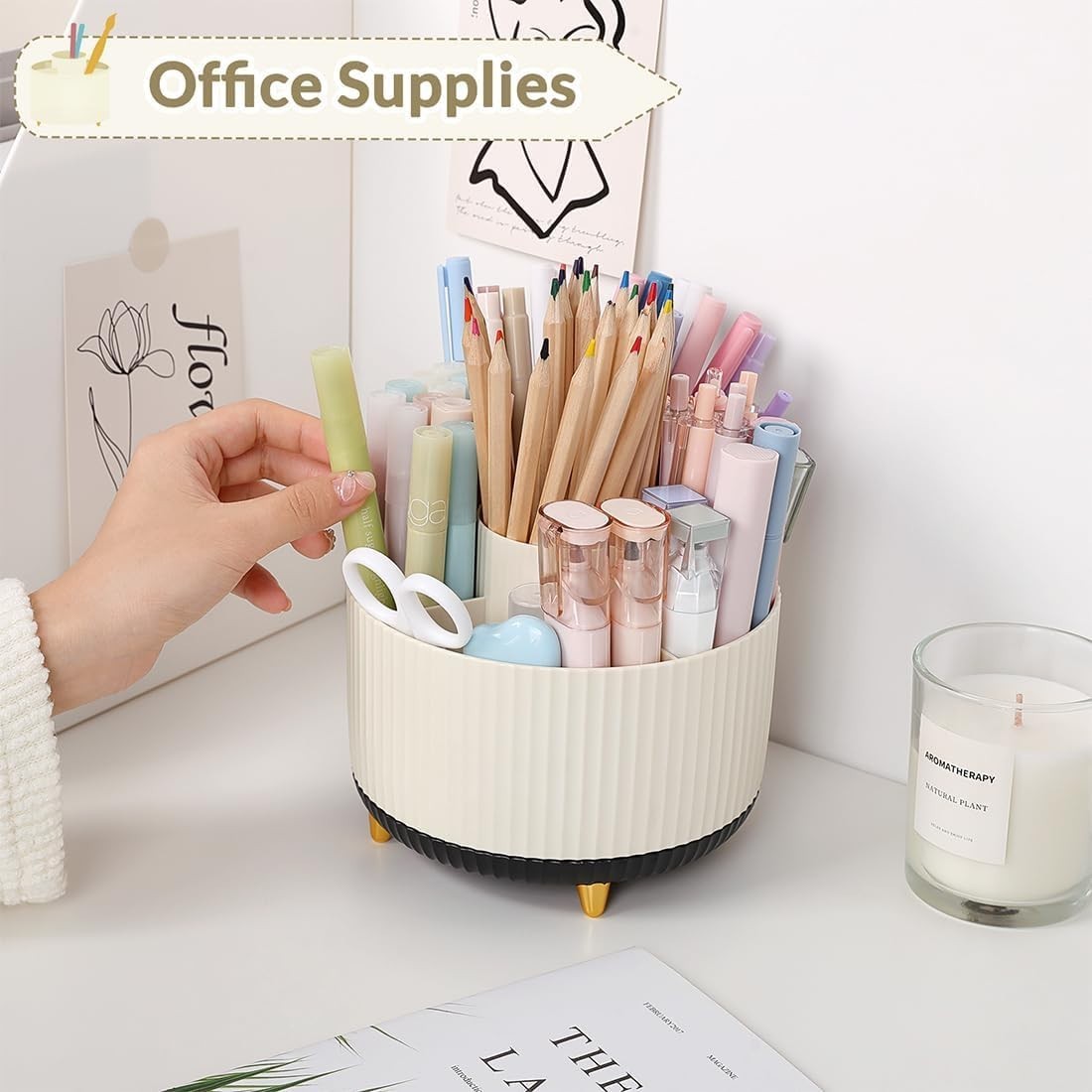 360° Rotating Organizer   Dual Purpose Pencil Pen Holder, 5 Slot Cup for Office,3