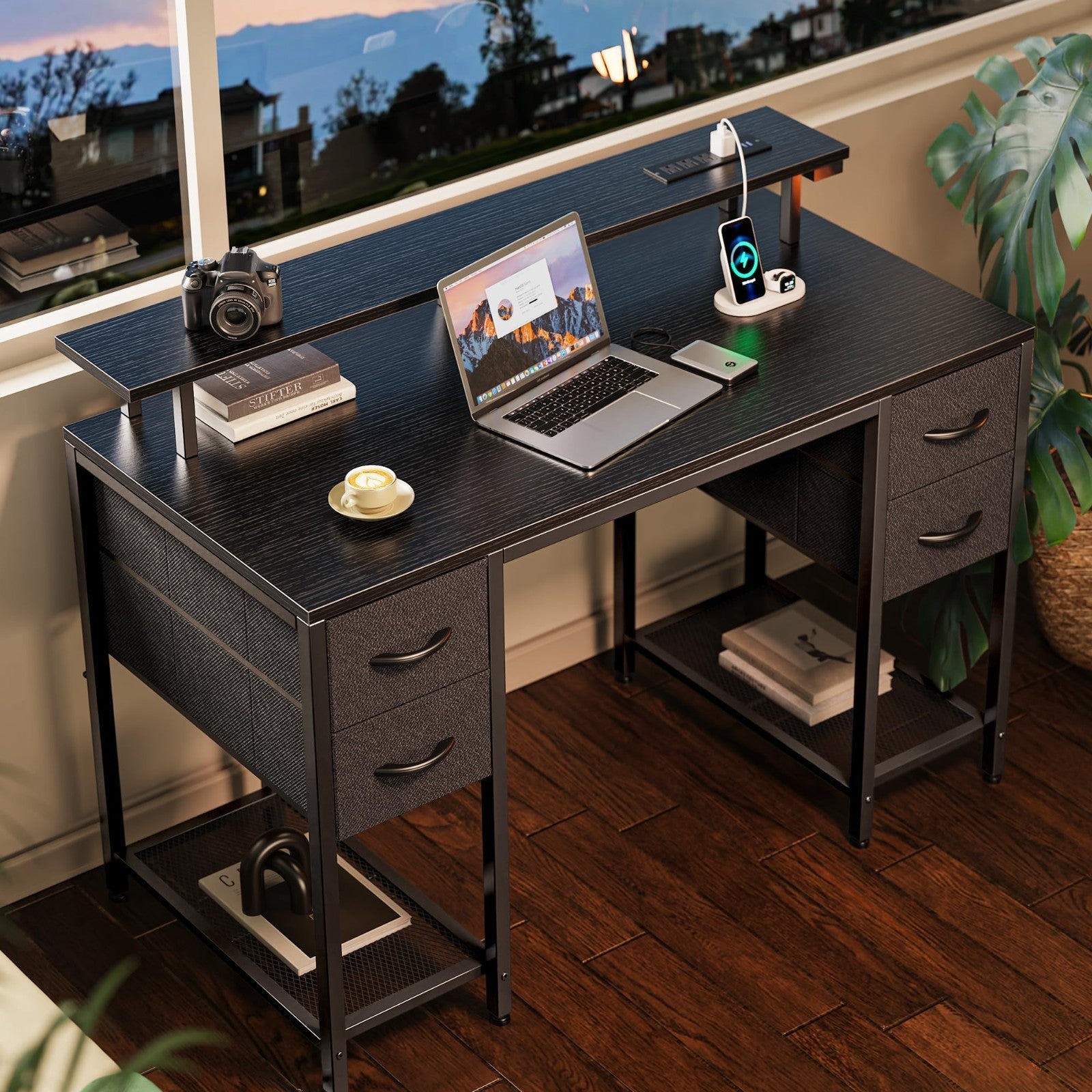 47" Gaming Desk with LED Lights, Power Outlets & 4 Drawers - Home Office Furnitu8