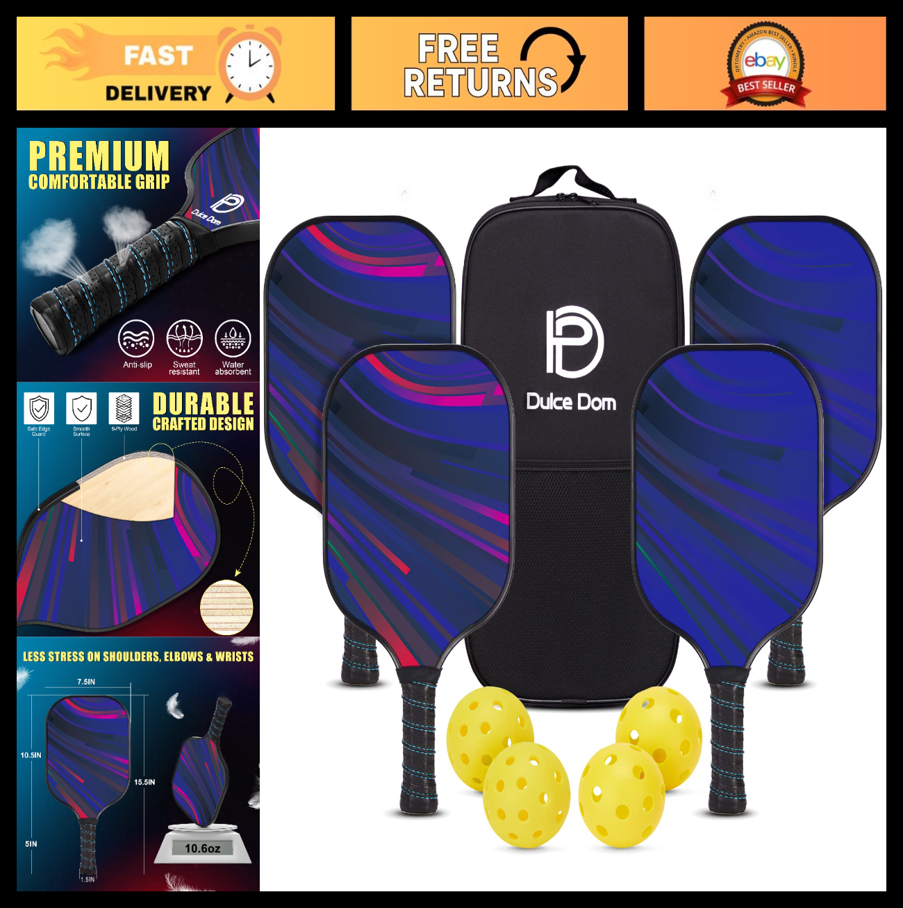 Pickleball Paddles Set of 2/4 - USAPA Approved Fiberglass Graphite Rackets + Bag0