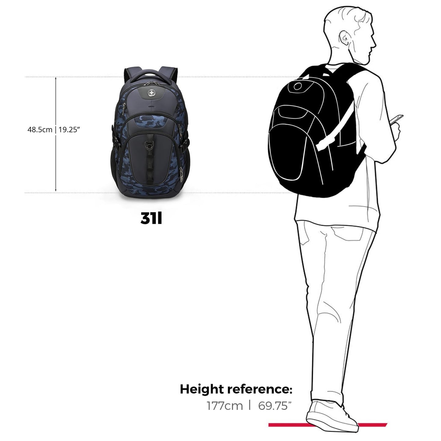 Travel Laptop Backpack with USB Charging Port, Fits 15.6" Computer, 31L, Blue Ca8
