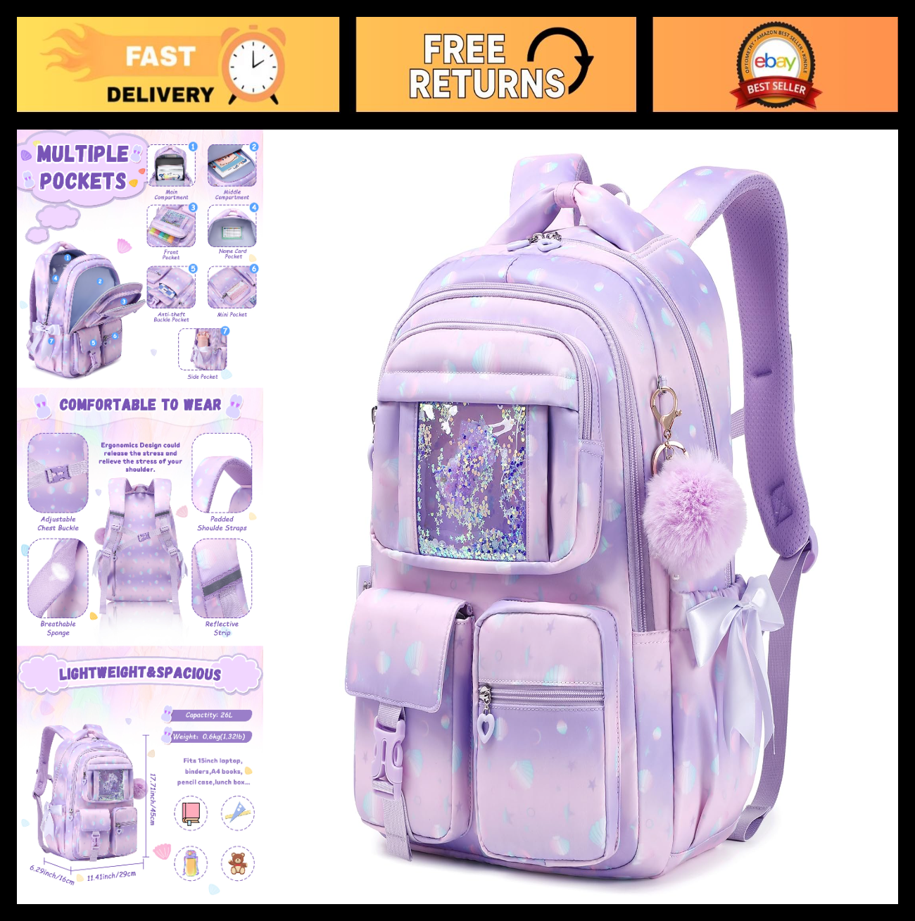 Girls' Purple Shell Backpack - Kids School Book Bag for Elementary & Primary Use0