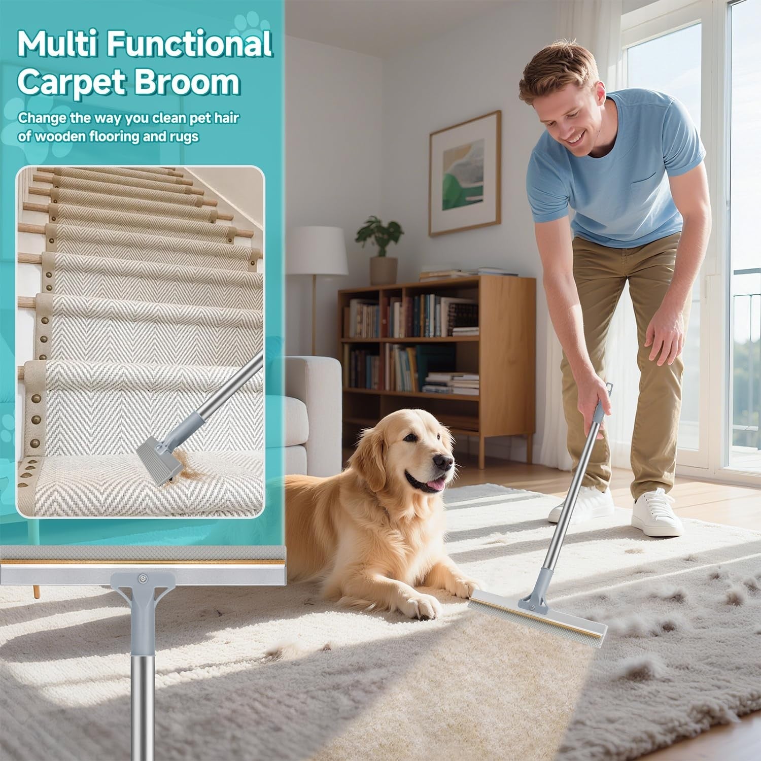 Pet Hair Removal Carpet Rake Tool - Adjustable 54” Handle, 3 Pcs Brush for Rugs7