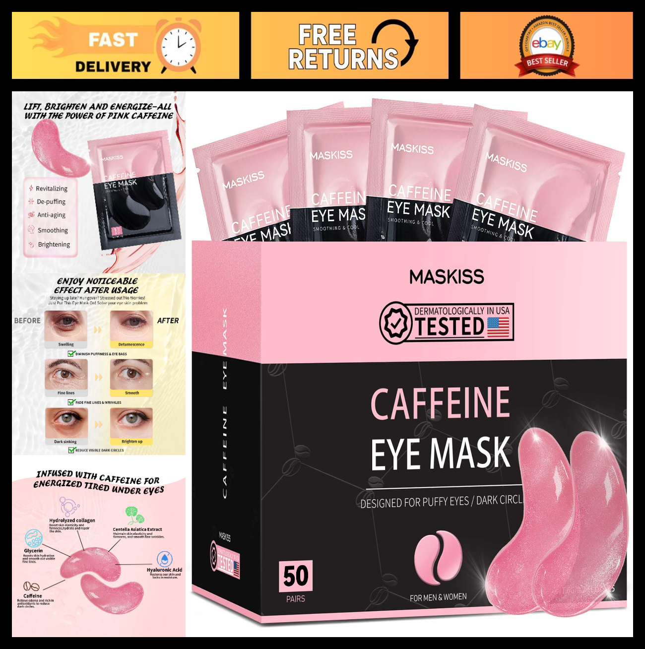 Caffeine Under Eye Patches (50 Pairs) - Reduce Dark Circles & Puffiness, Collage0
