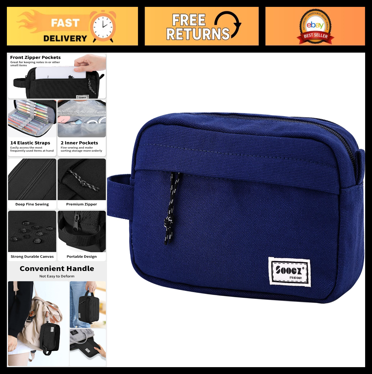 Large Capacity Pencil Case Organizer   Canvas Pouch with Compartments & Handle,0