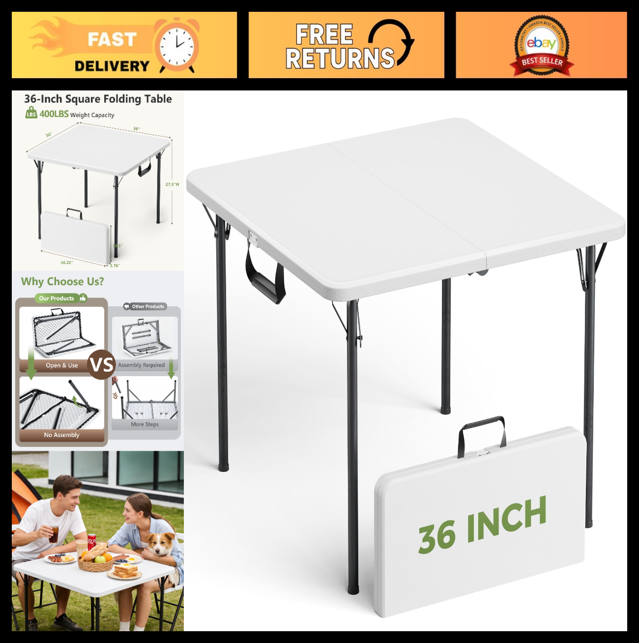 Folding Card Table 36" Square, Portable Heavy Duty with Handle for Camping, BBQs0