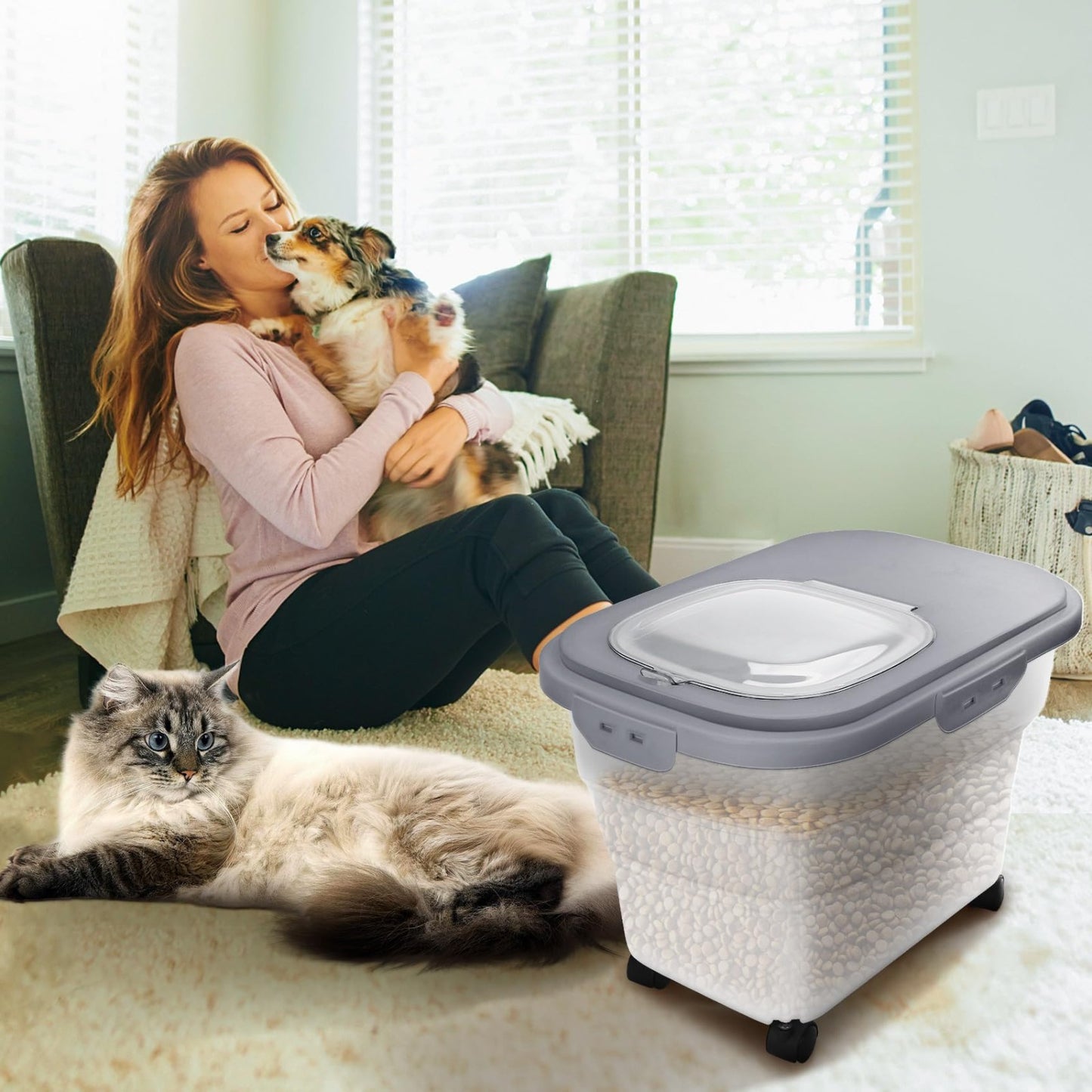 Collapsible Pet Food Storage Container with Airtight Lid & Detachable Casters, I2