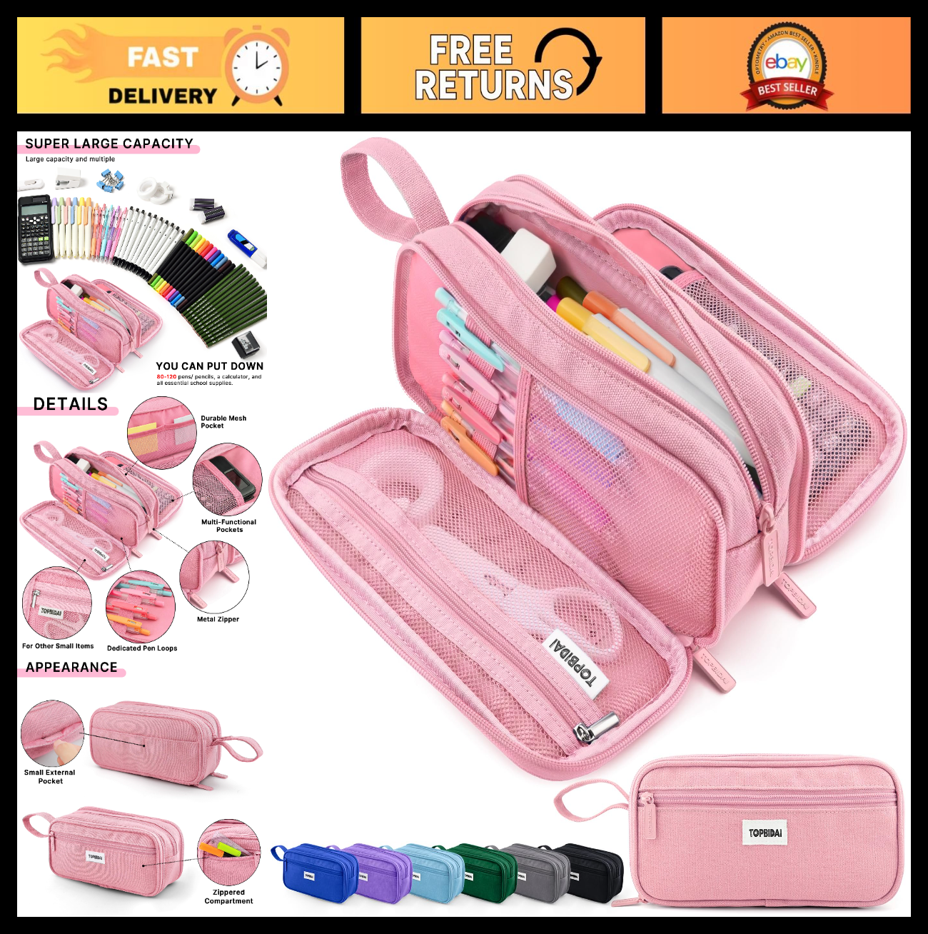 Large Pencil Case Pouch for School, Office, Art Supplies   Unisex Storage Bag0