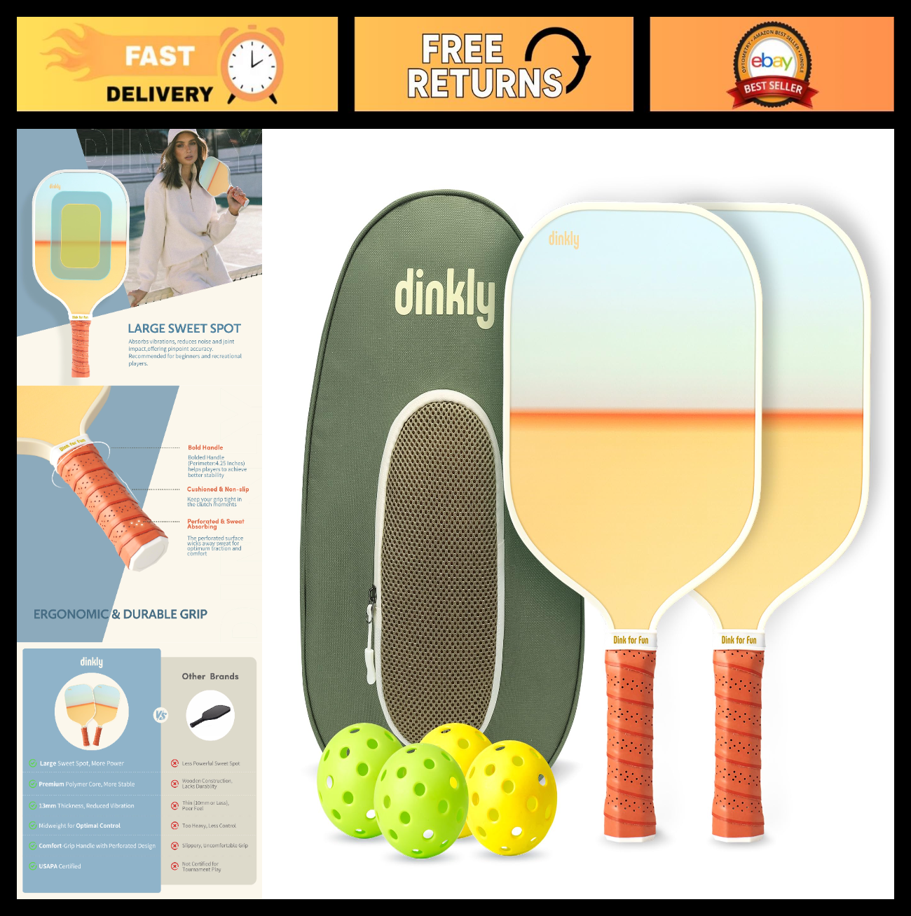 Pickleball Paddle Set of 2/4 - USAPA Approved, Graphite/Fiberglass, 4 Balls & Ca0