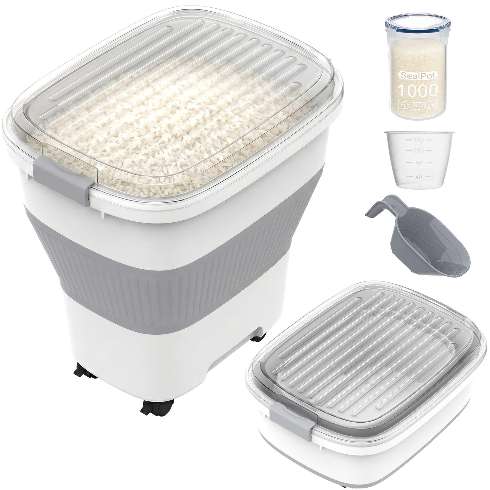 50Lbs Collapsible Airtight Rice Storage Container, Food Organizer, Space Saving1
