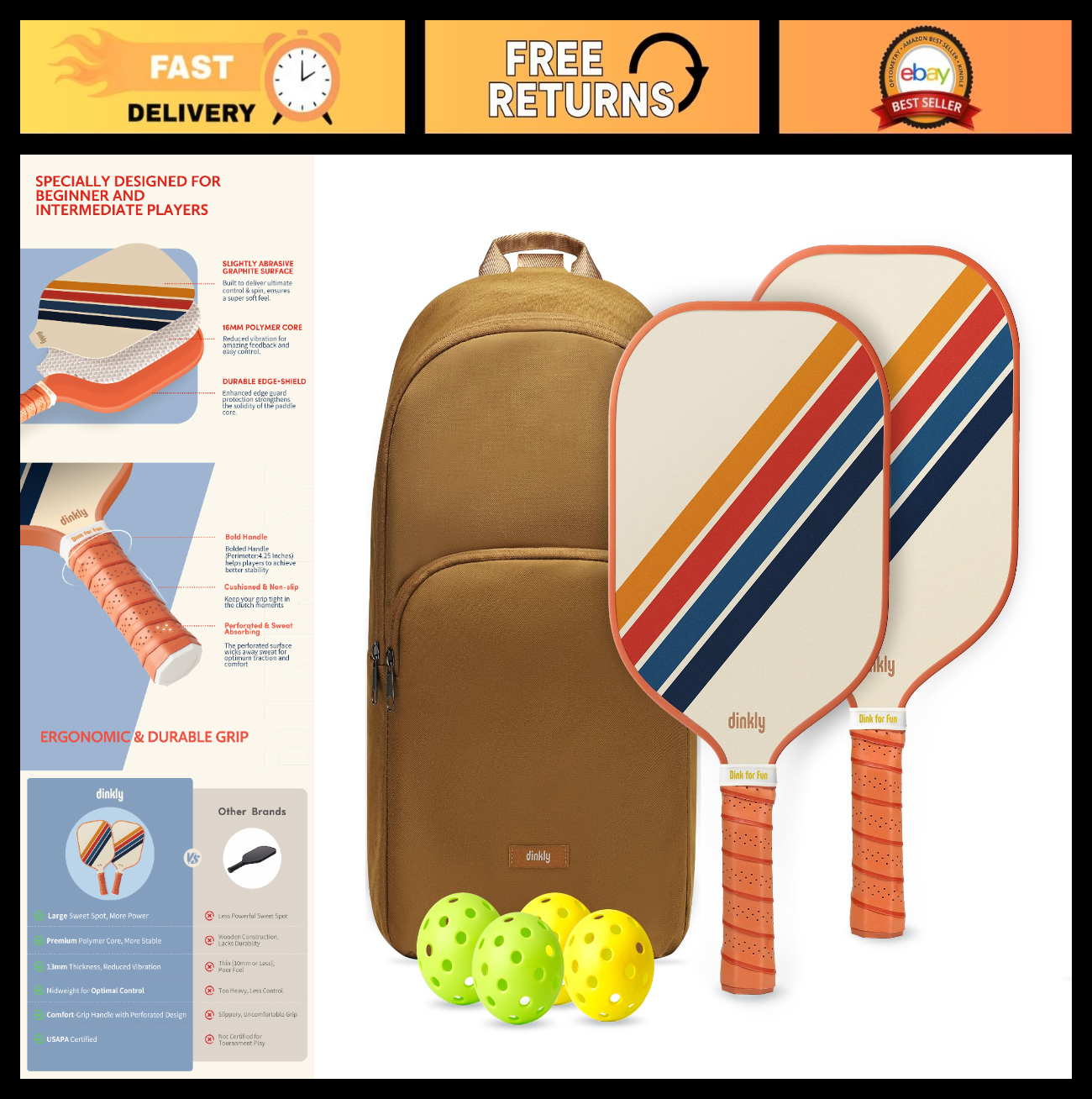 Pickleball Paddle Set of 2/4 - USAPA Approved, Graphite/Fiberglass, 4 Balls & Ca0