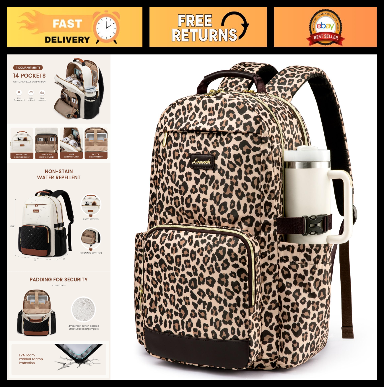 Stylish Leopard Print Laptop Backpack for Women, 15.6" Waterproof Travel Bag, La0