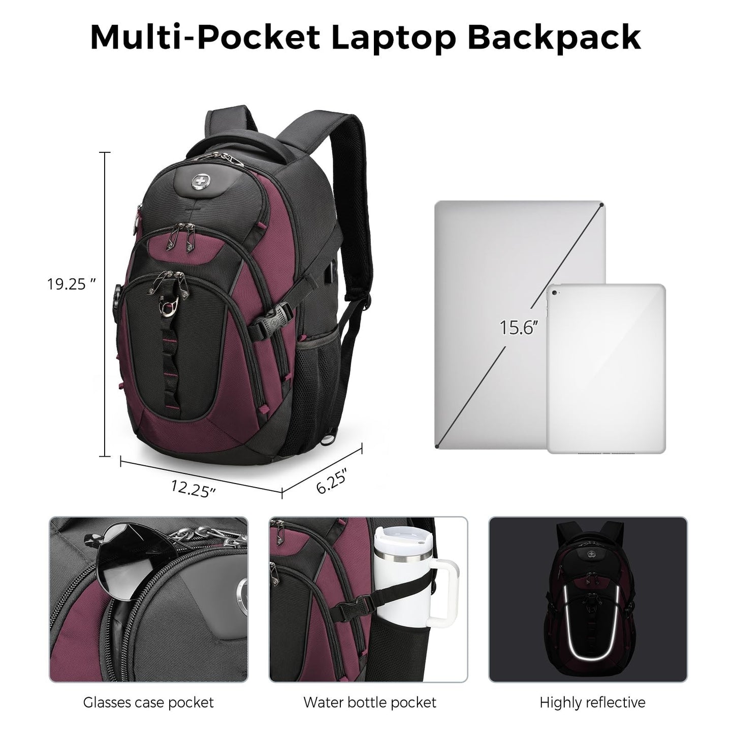 Stylish Travel Laptop Backpack with USB Charging, Fits 15.6" Computer, 31L, Red/3