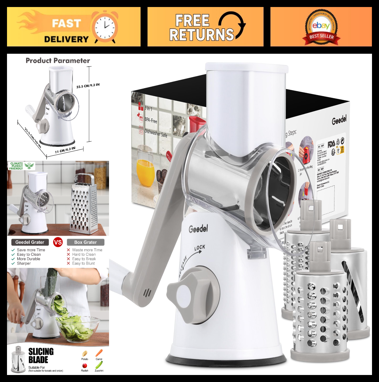 Rotary Cheese Grater & Vegetable Slicer   3 Blades, Stainless Steel, Fast Cuttin0