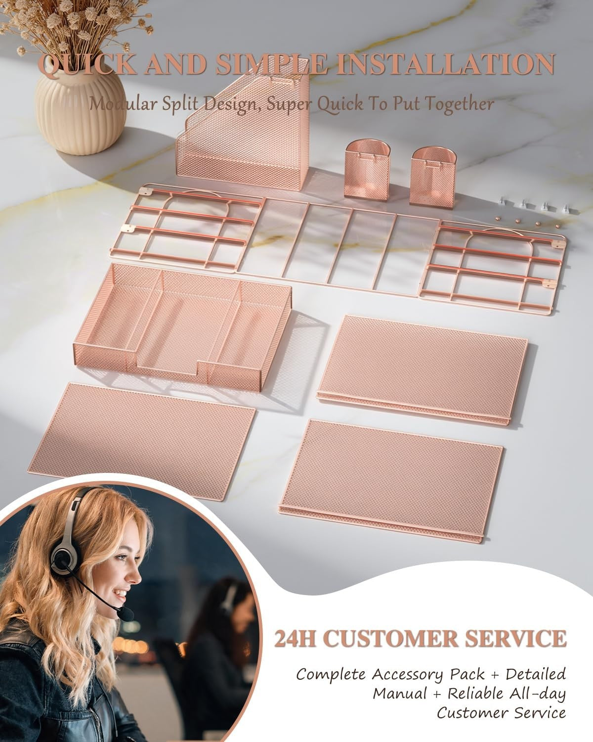 4 Tier Desktop File Organizer with Drawer & 2 Pen Holders   Rose Gold Office Sup8