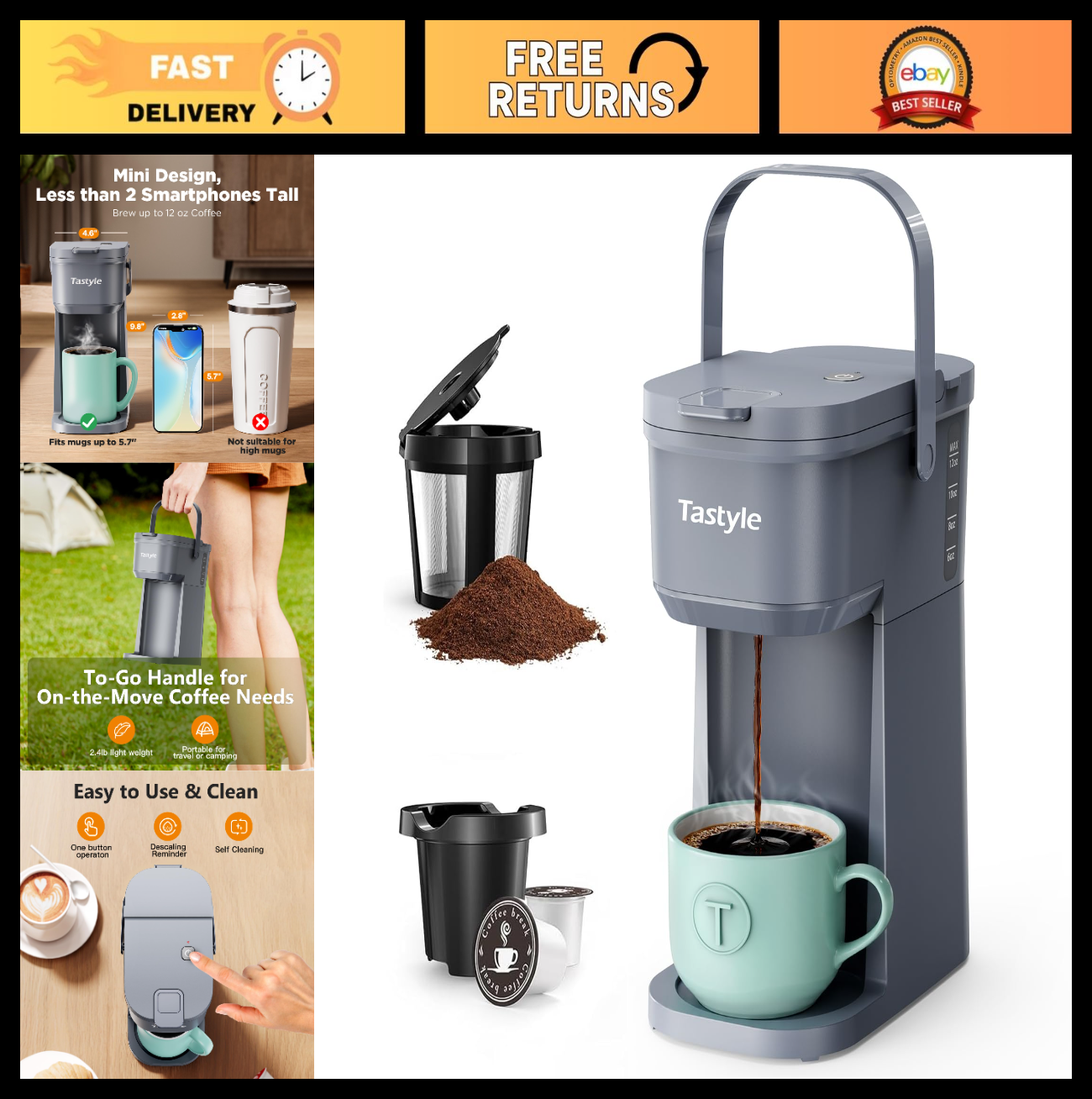 Compact Single Serve Coffee Maker for K Cups & Grounds - Travel & Office Use, 6-0