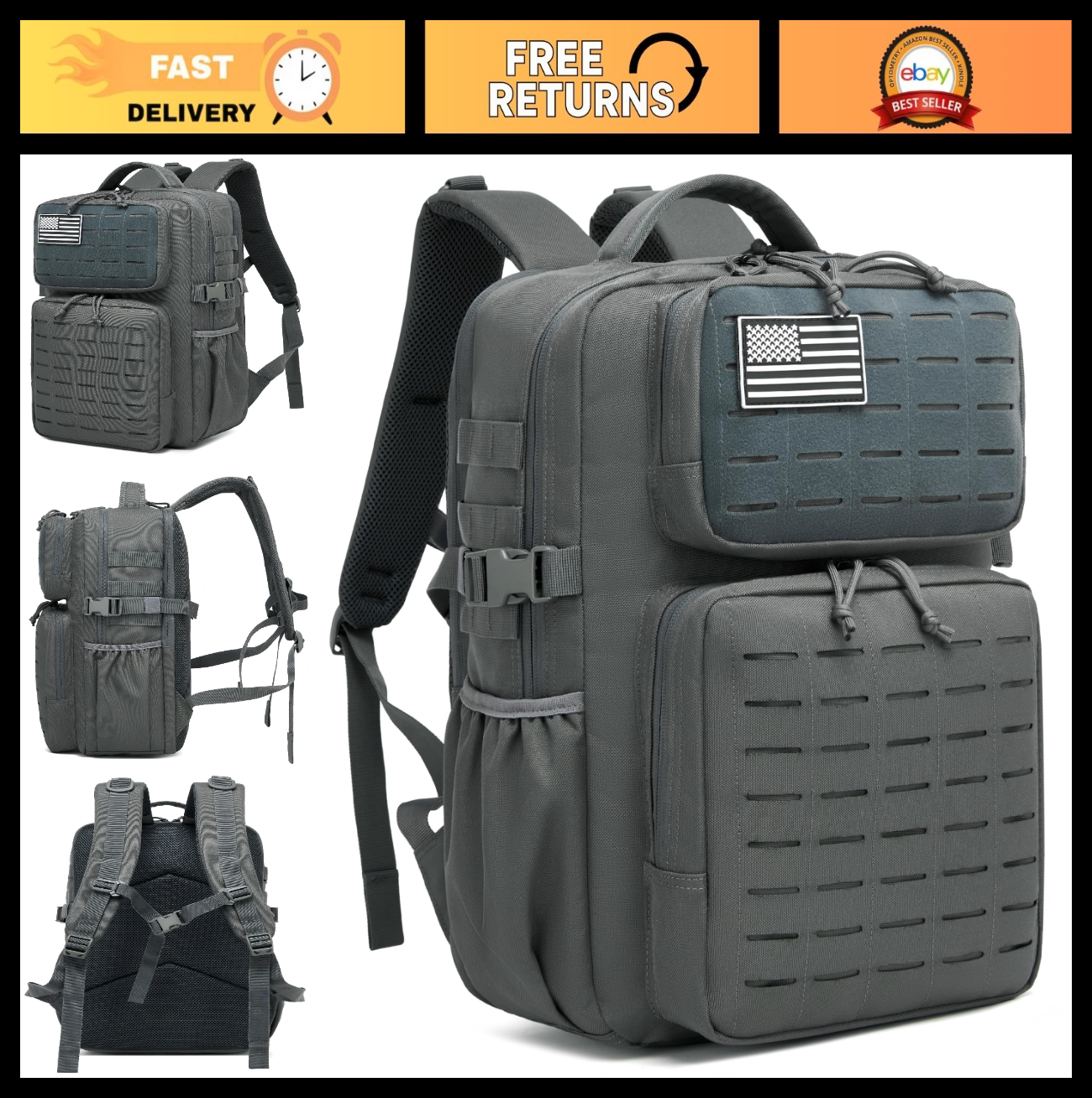 Waterproof Military Tactical Backpack 30L, 3 Day Assault Pack, MOLLE Design, Bla0