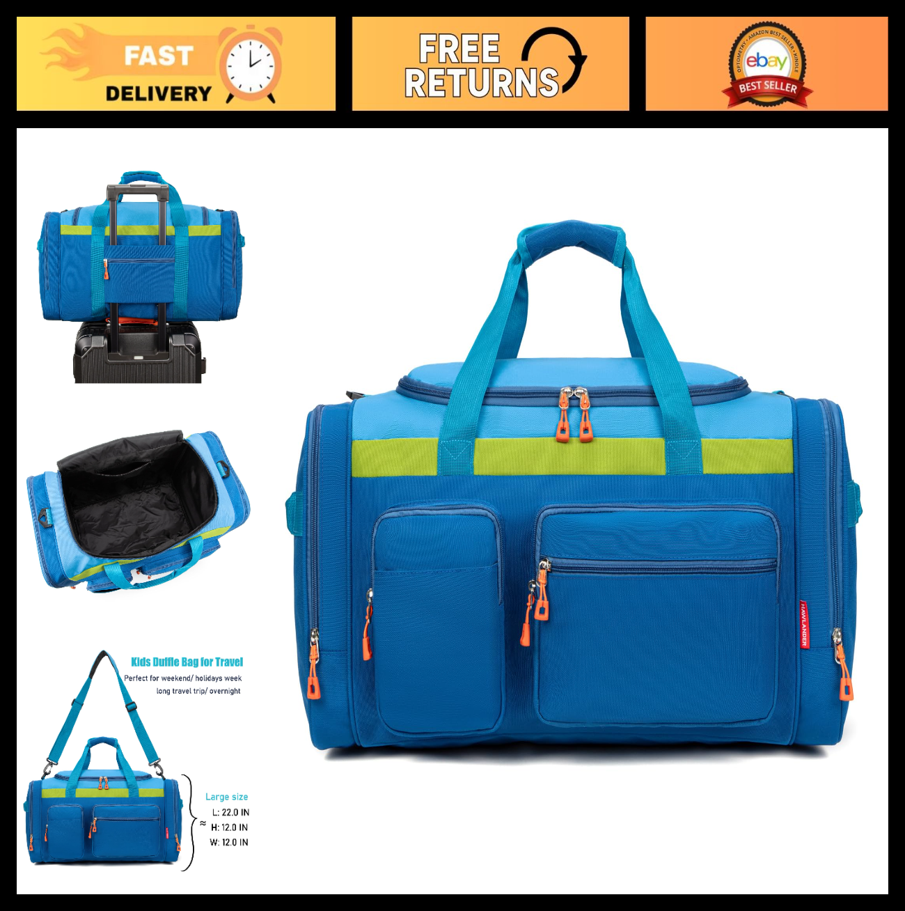 Spacious Kids Duffle Bag for Travel & Weekend Getaways, 22" x 12" x 12", Durable0