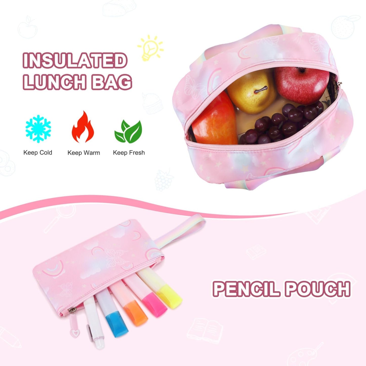 3PCS Girls Rainbow Butterfly Rolling Backpack Set with Lunch Box   Pink Travel B6