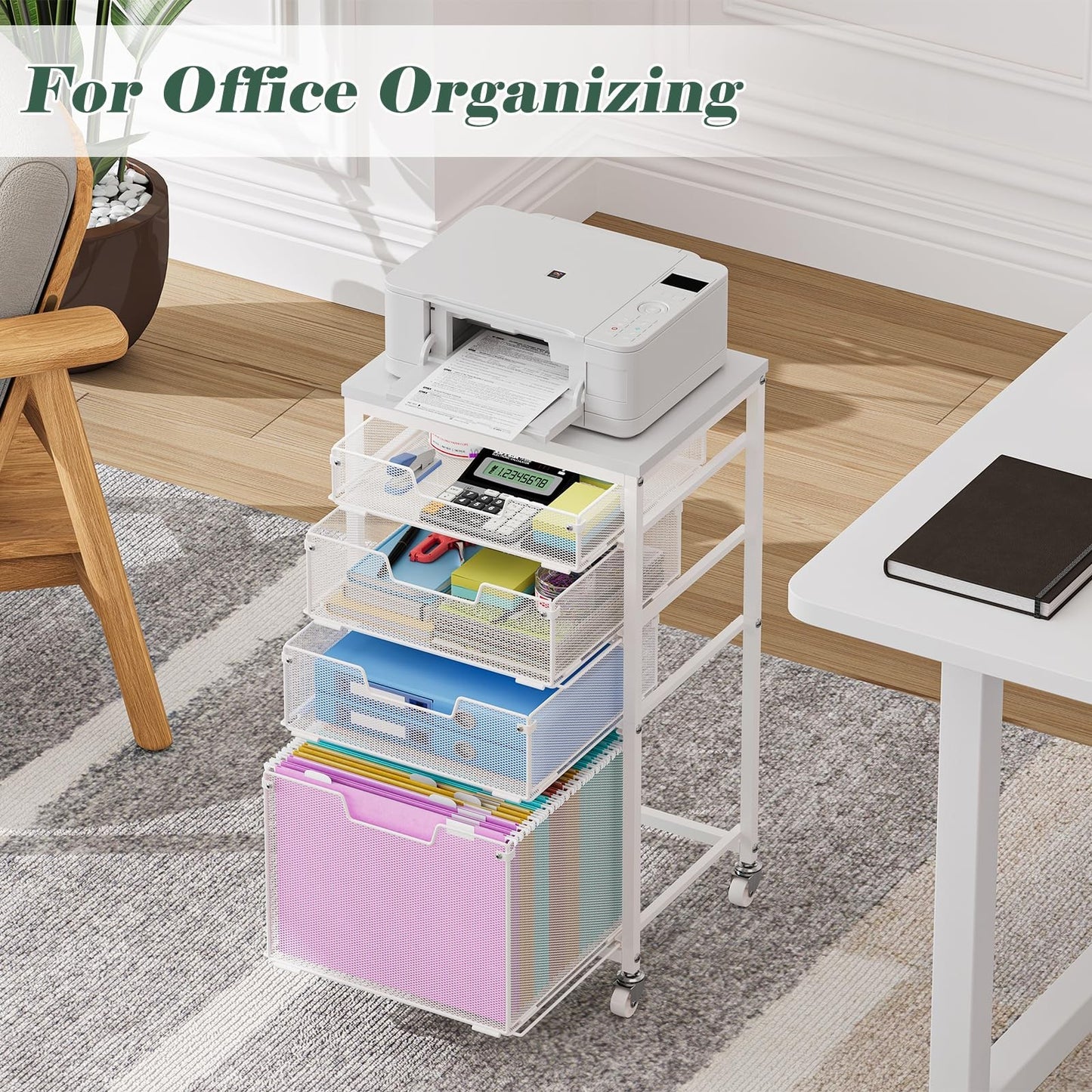 4 Drawer Mobile File Cart with Wheels, Under Desk Storage, Multifunctional Organ7