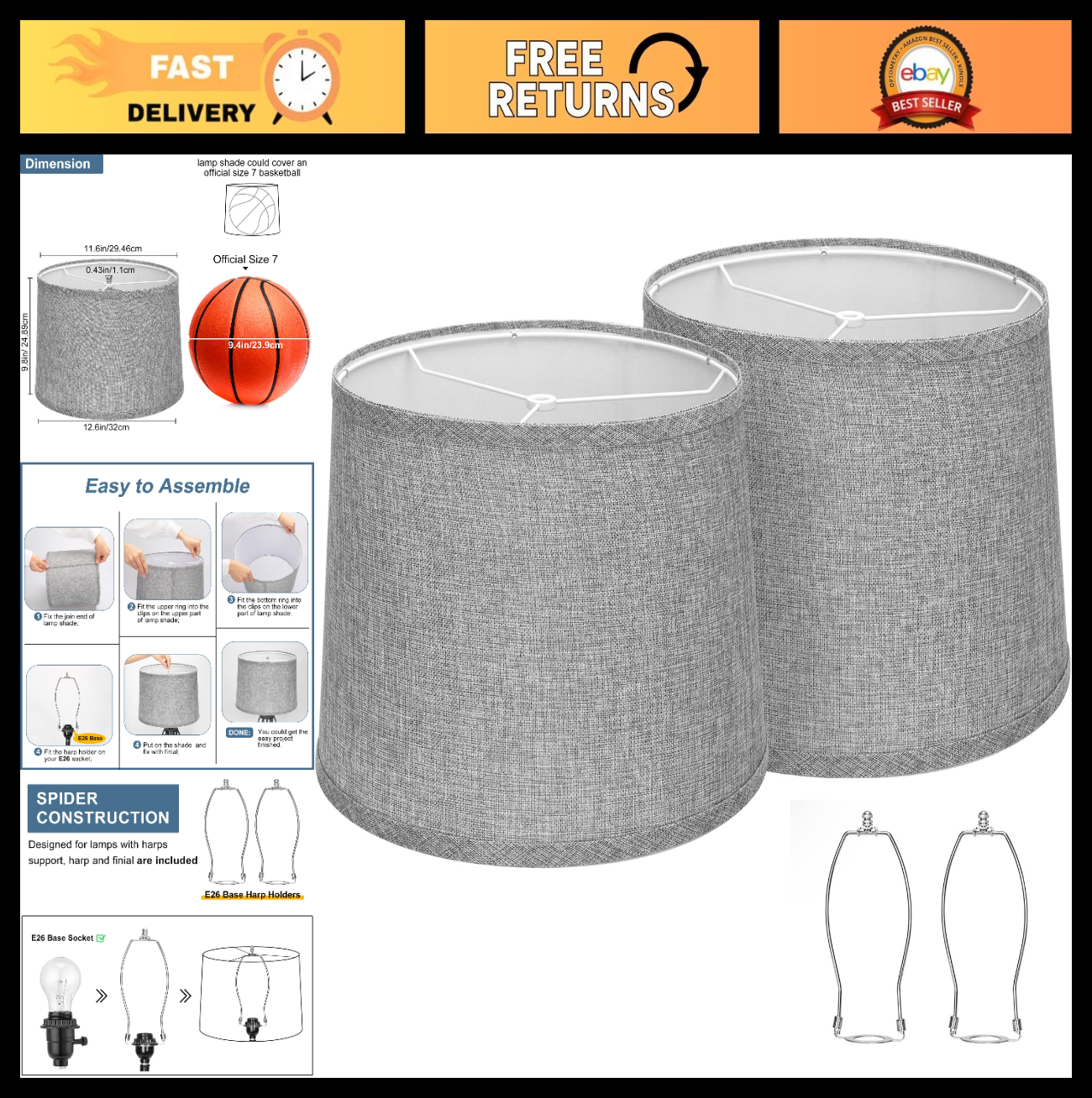Set of 2 Gray Drum Lamp Shades, 11.6" x 12.6" x 9.8", Natural Linen, Easy Assemb0
