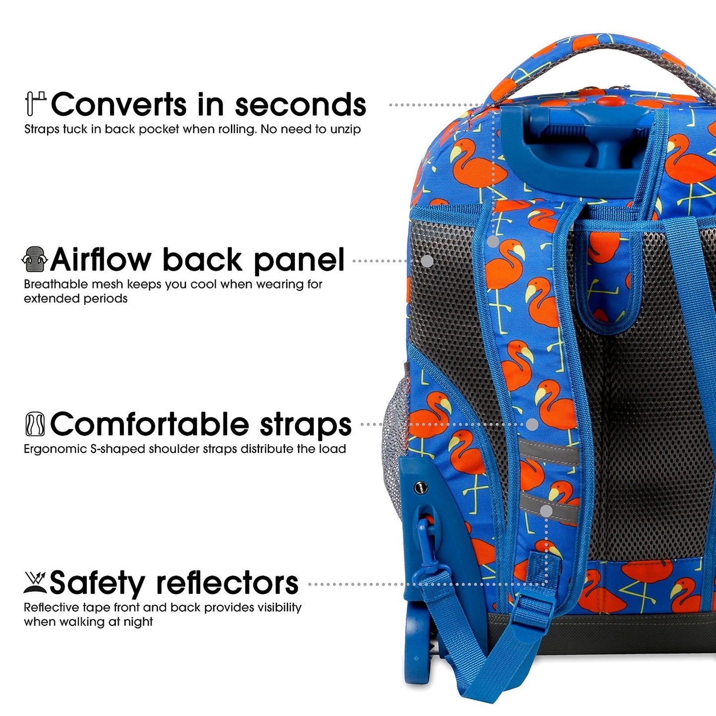 Kids Rolling Backpack with Wheels, 18" Bookbag for School, Flamingo Design, Unis6