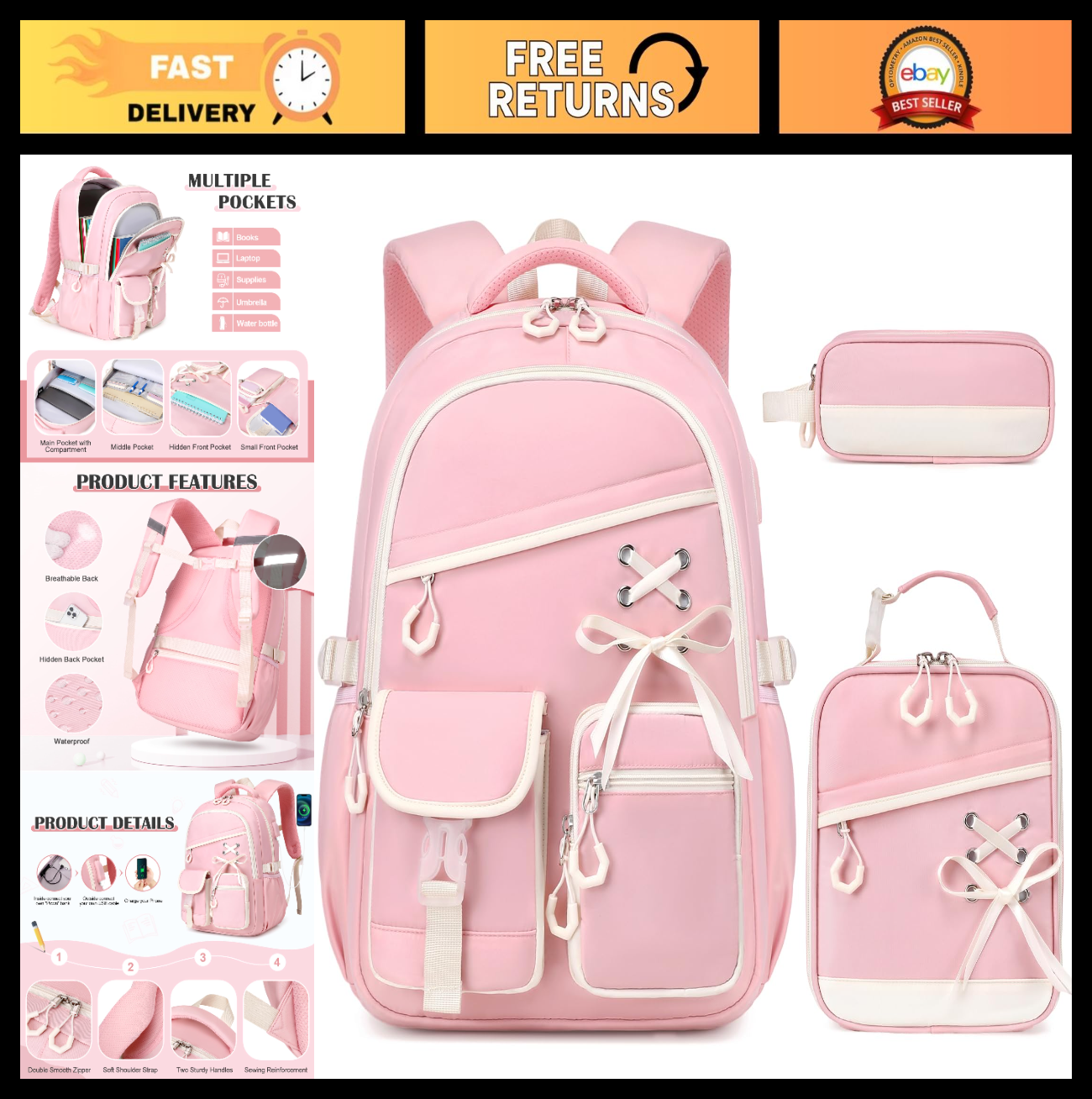3PCS Girls School Backpack Set with Lunch Box & Pencil Pouch   Stylish & Durable0