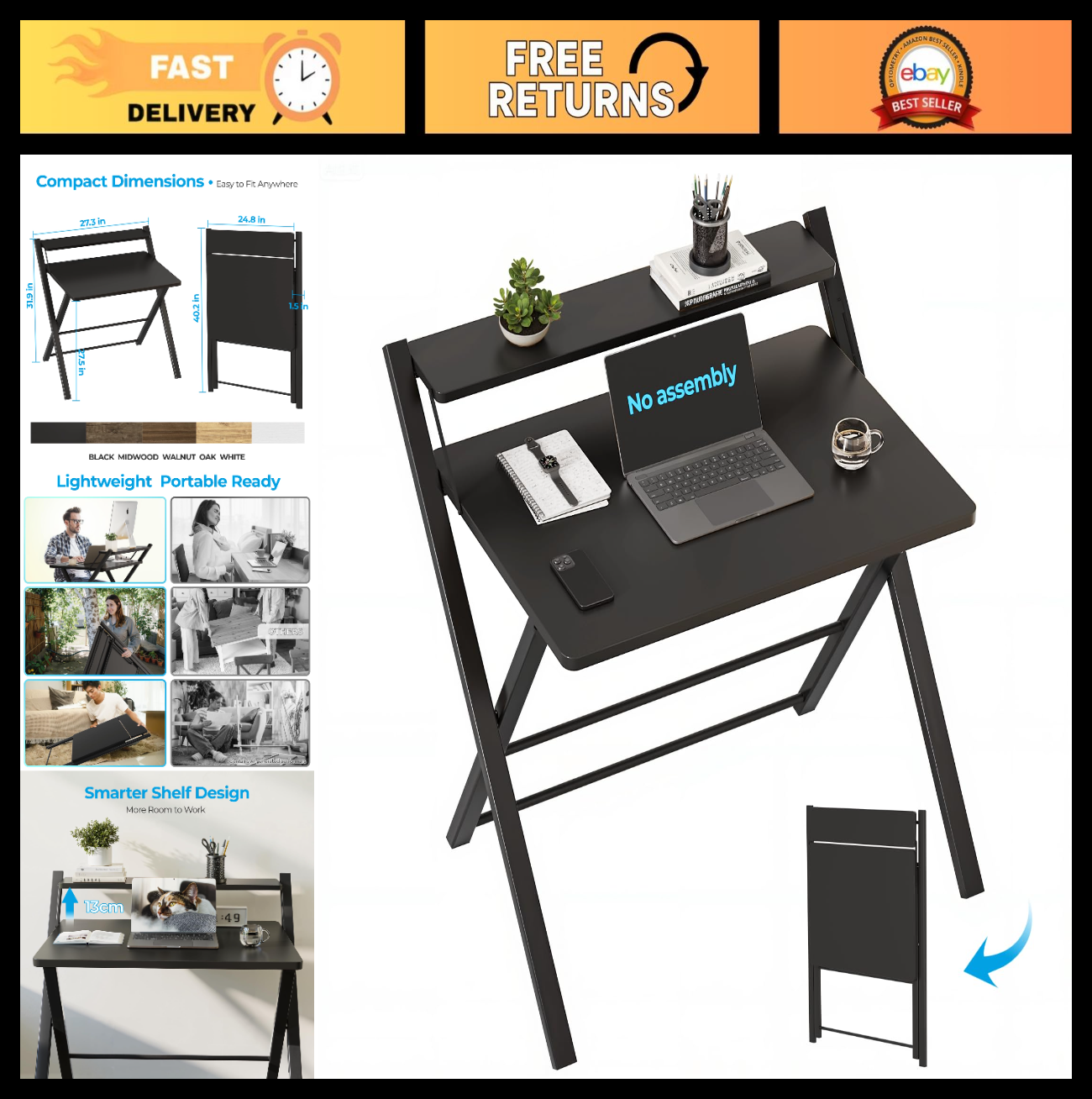 Compact Folding Desk with Shelf - Space Saving Laptop Table for Home Office & Do0