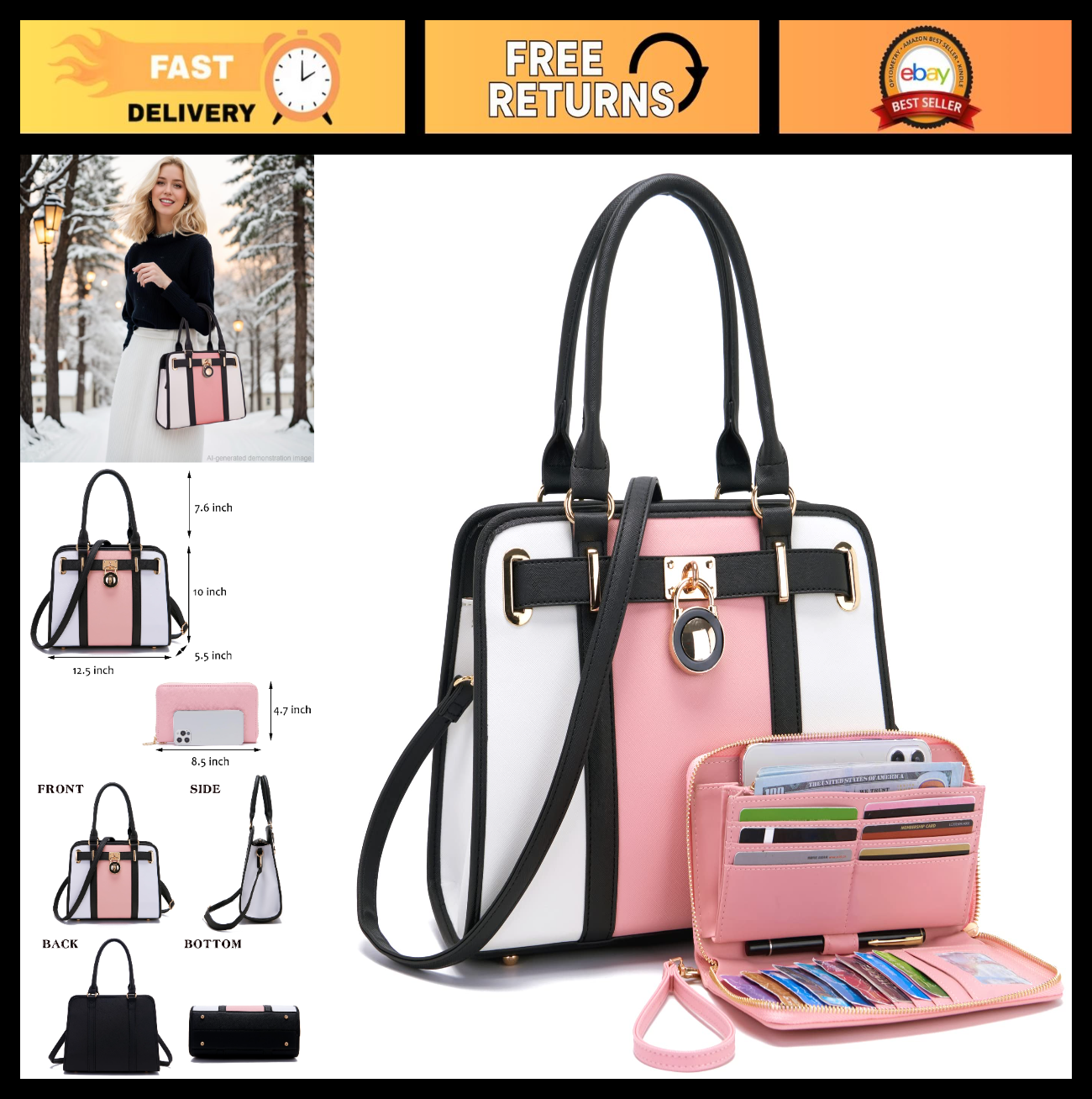 Stylish Women's Structured Satchel Tote Handbag Set with RFID Wallet - Fashionab0