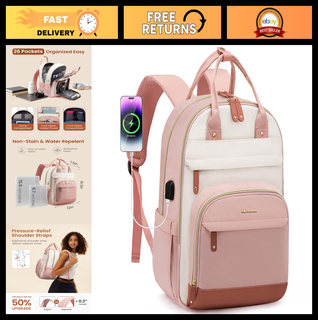 Stylish 15.6" Waterproof Laptop Backpack for Women, Cute Work & Travel Bag, Pink0
