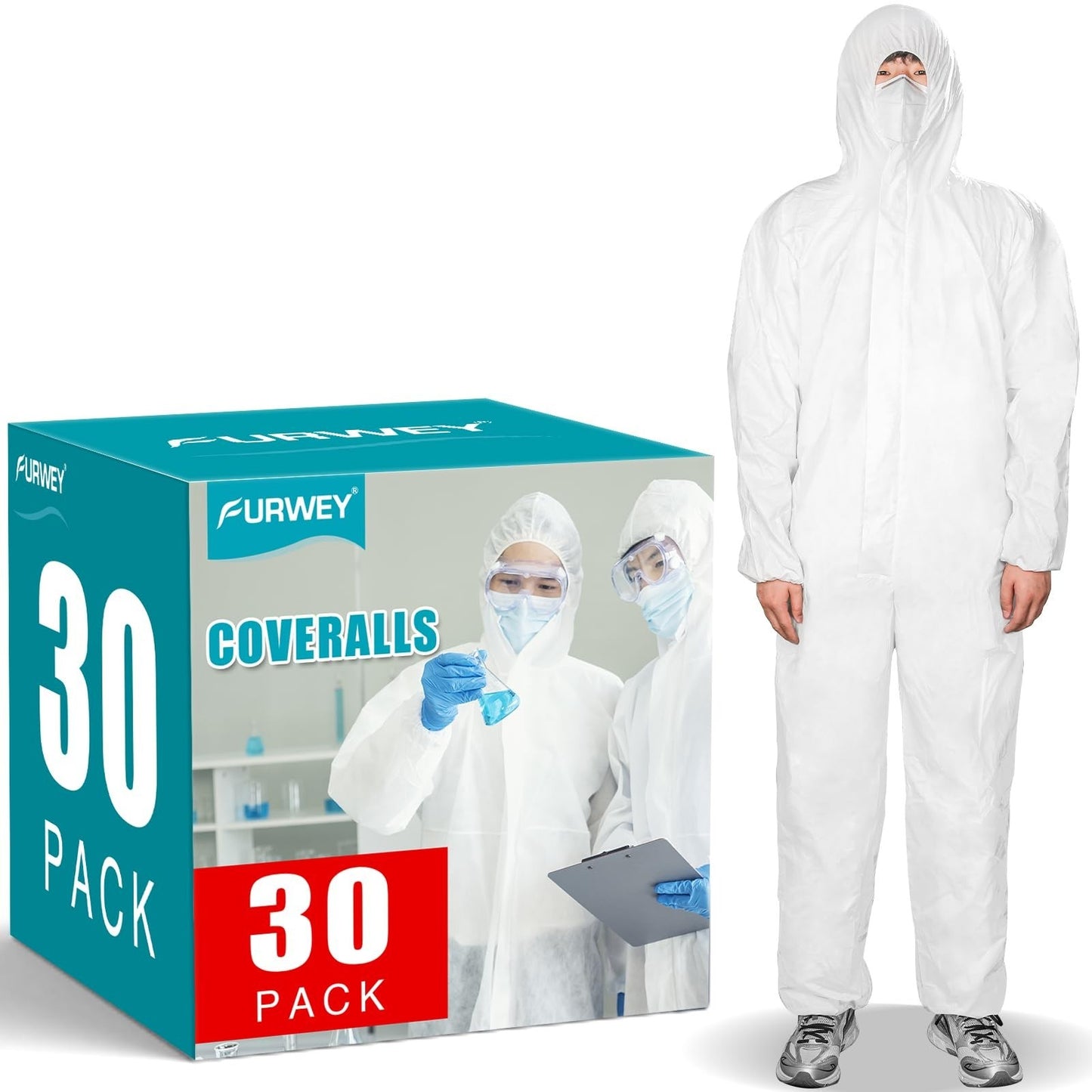 30 Pack Disposable Hazmat Suits   Heavy Duty Full Body Coveralls, 2XL, Elastic W1