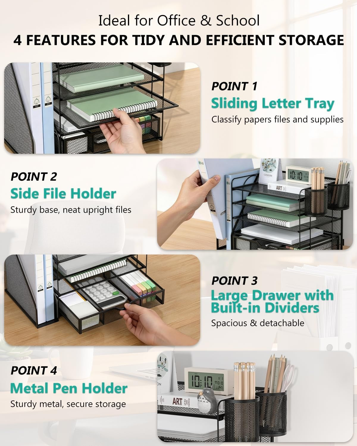 5 Tier Desktop File Organizer with Drawer & Pen Holders   Office Desk Accessorie4