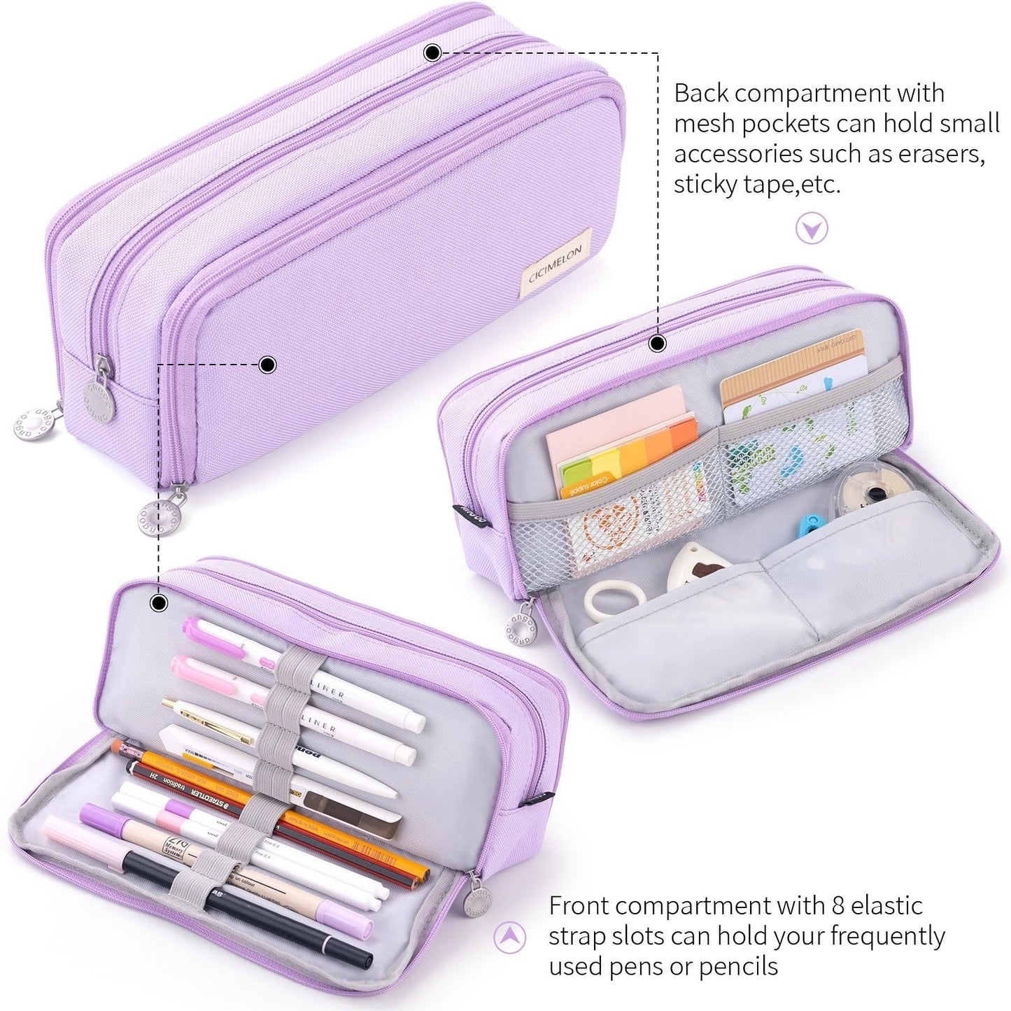 Large Capacity 3 Compartment Pencil Case Pouch Bag for School & Office   Purple4