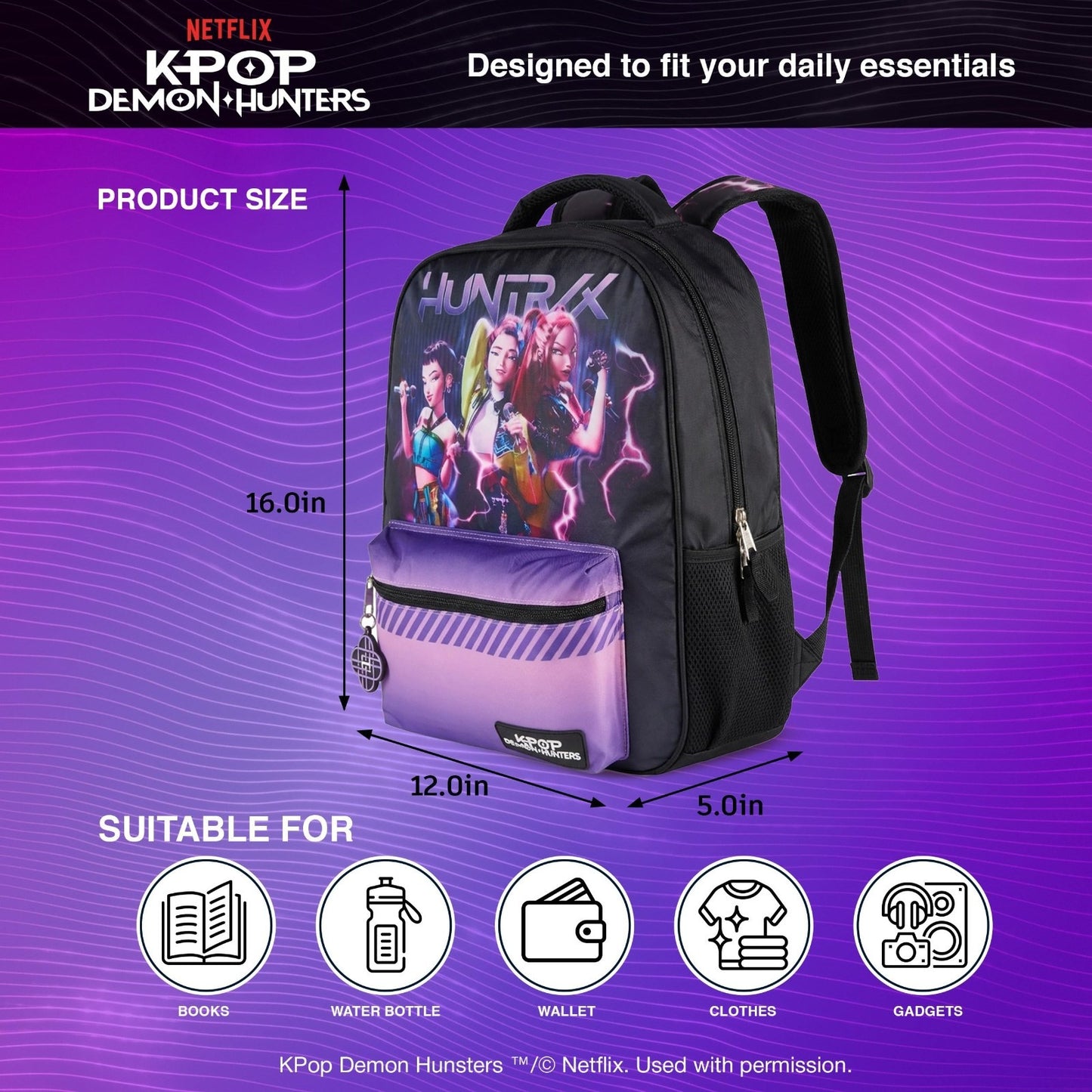 K Pop Demon Hunters 16” Backpack for Girls   Rumi, Zoey, Mira, Rubber Charm5