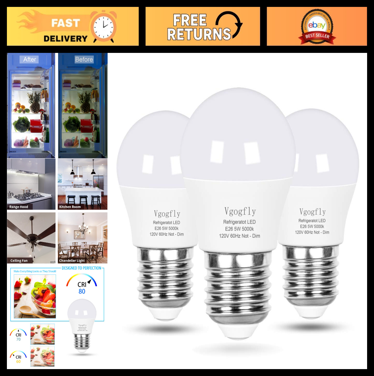 5W Daylight White LED Refrigerator Light Bulbs 40W Equivalent E26 Medium Base  0