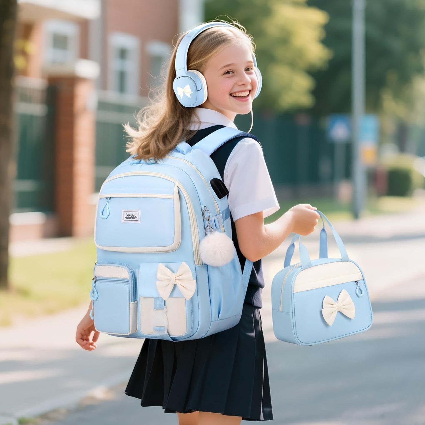 Cute Bow School Backpack for Girls, Includes Lunch Bag & Pen Case, Stylish Schoo5