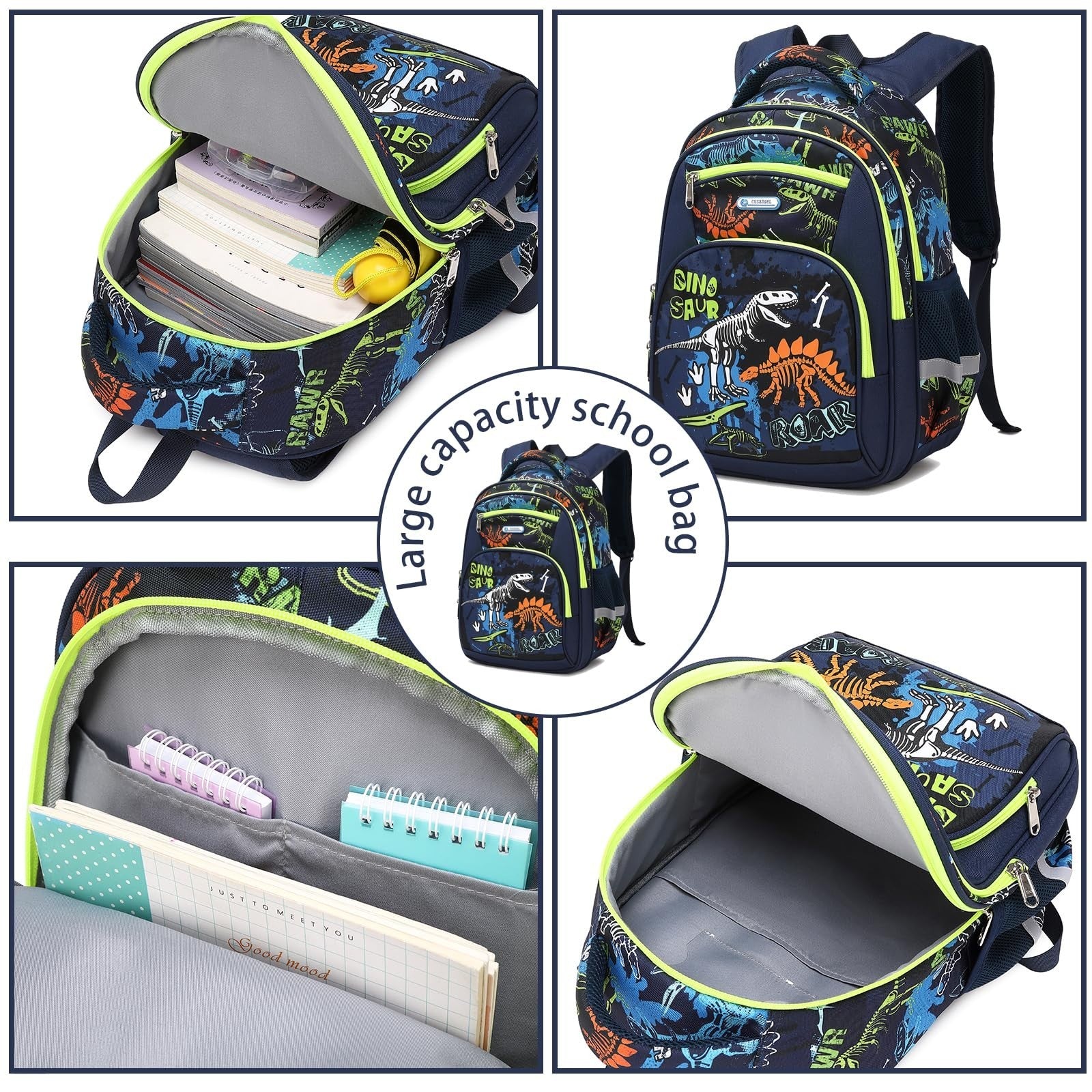 Large Kids Backpack for Boys 8 12, 17in School Bag, Durable Nylon, Dino Design4