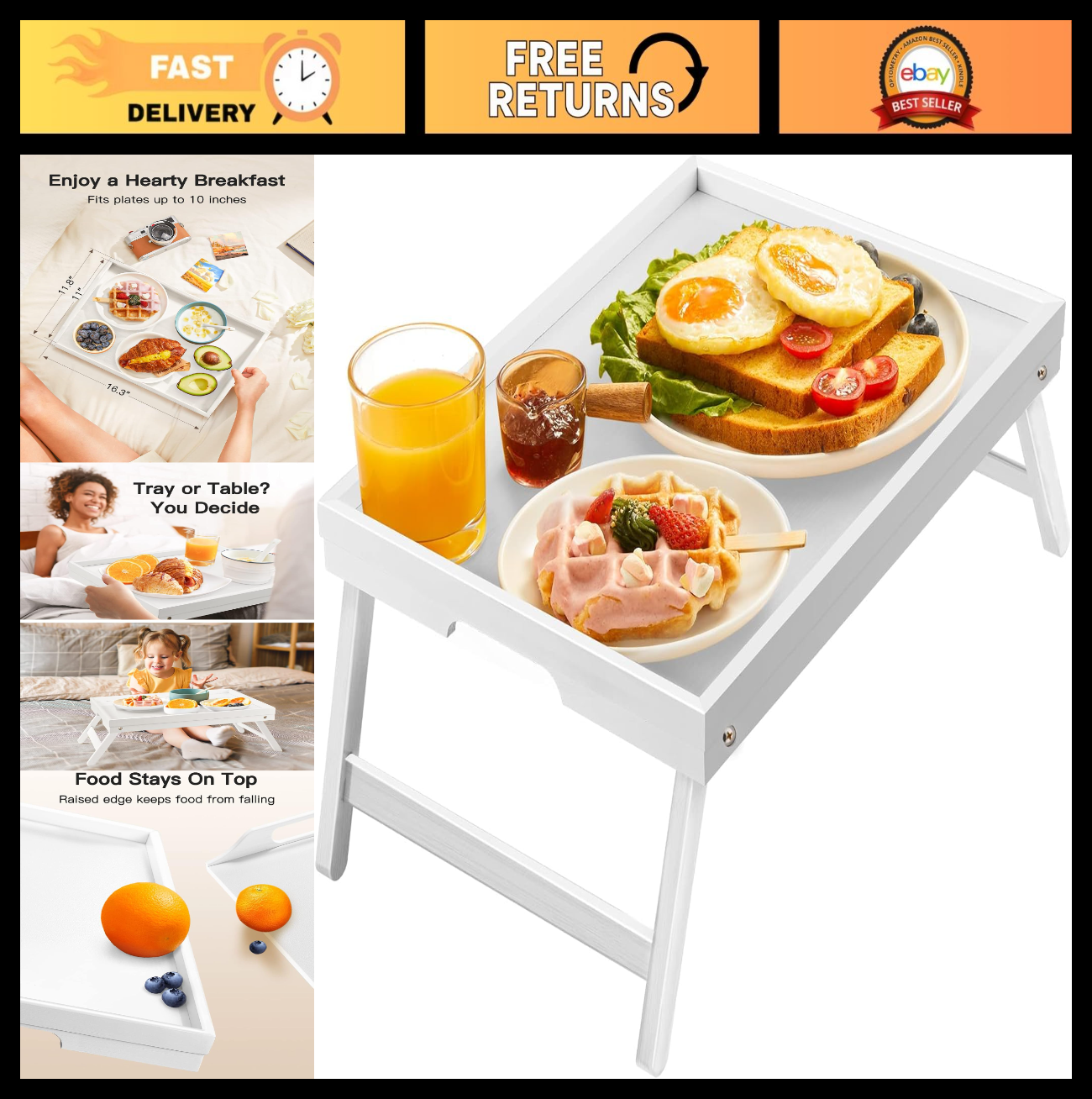 Folding Bamboo Bed Tray Table for Breakfast, Snacks, Laptop Use - Versatile & St0