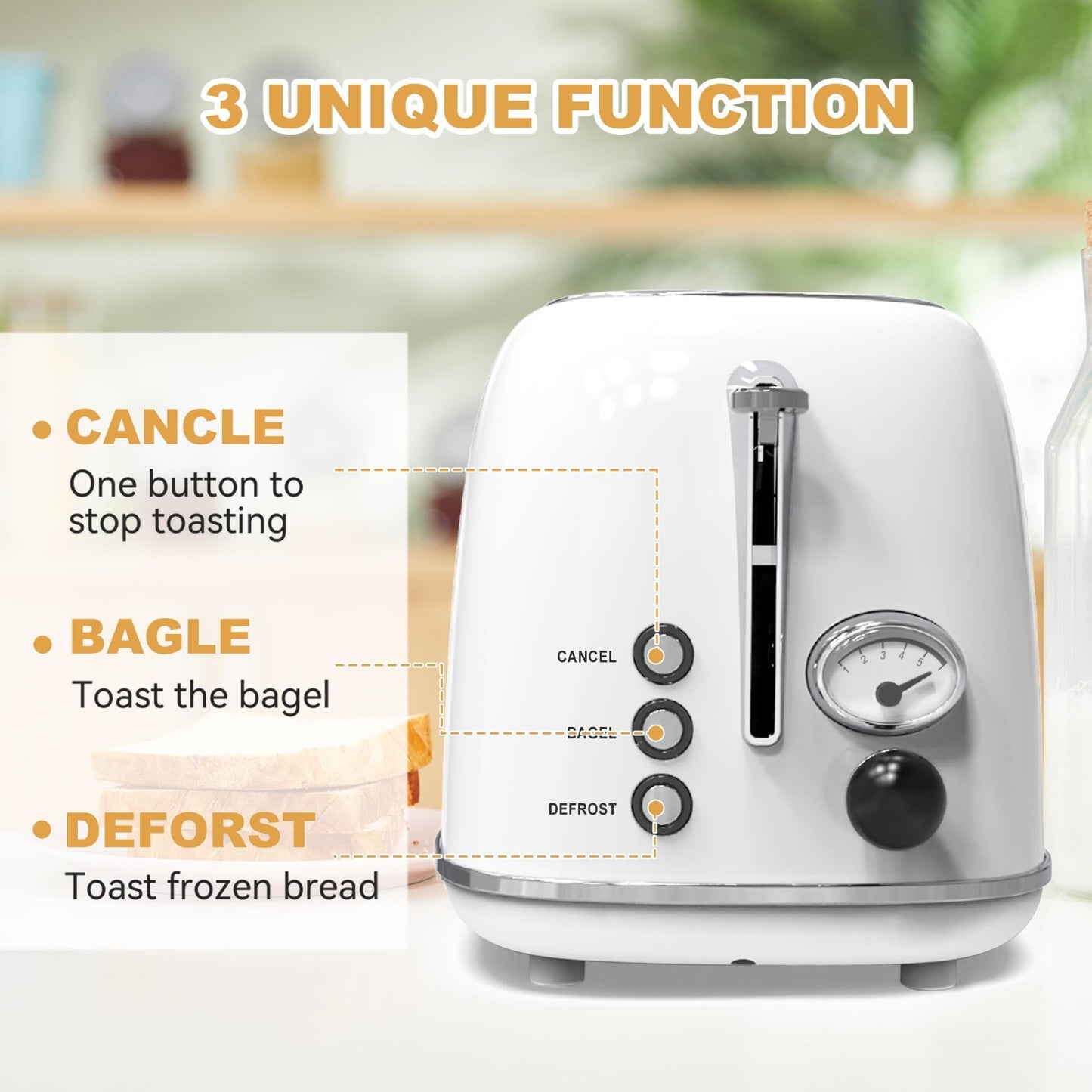 Retro Stainless Steel 2 Slice Toaster, 6 Settings, Extra Wide Slots, Bagel/Defro4