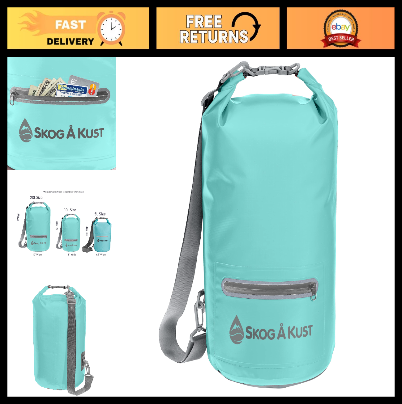 Waterproof Roll Top Dry Bag - 5L, 10L & 20L Sizes for Camping, Hiking, Boating0