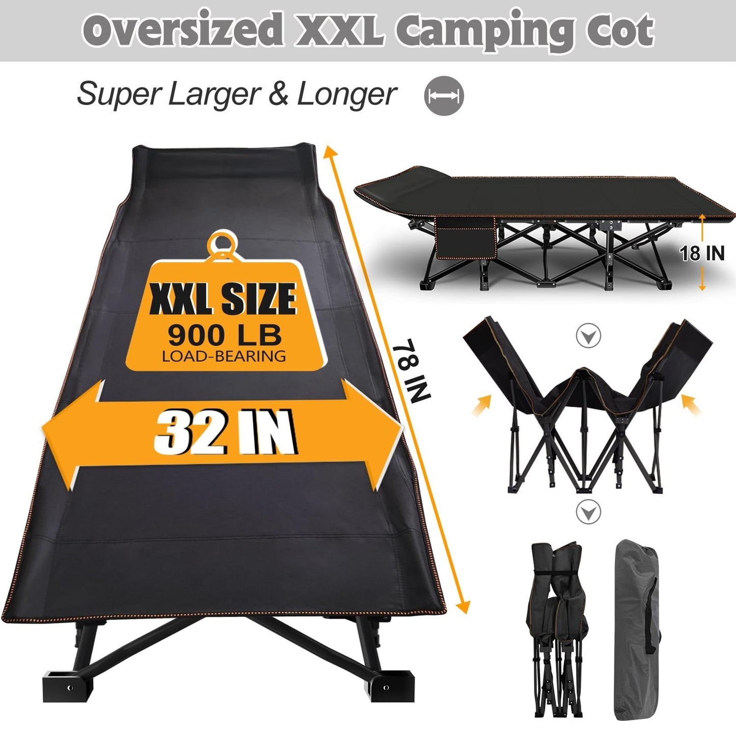Oversized Camping Cot for Adults   900LB Capacity, 78"x32" Heavy Duty Bed with M4