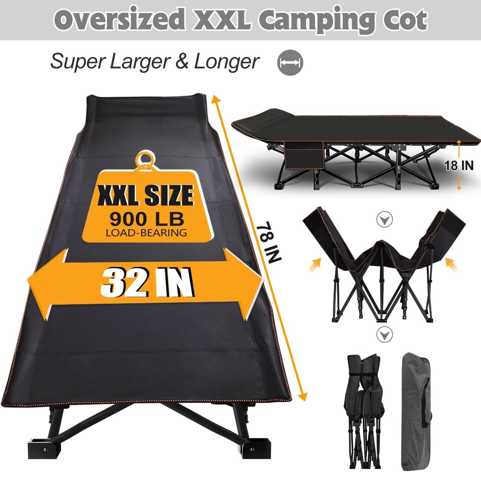 Oversized Camping Cot for Adults   900LB Capacity, 78"x32" Heavy Duty Bed with M4