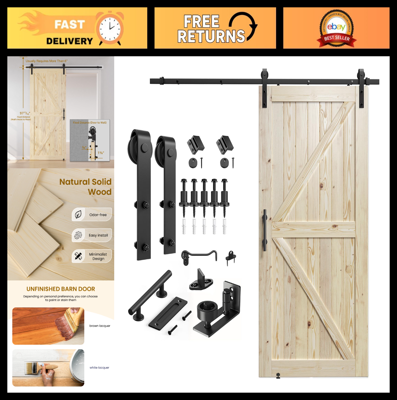 42"x96" Sliding Barn Door Kit   Unfinished Solid Spruce, DIY Assembly, Fits 38"x0