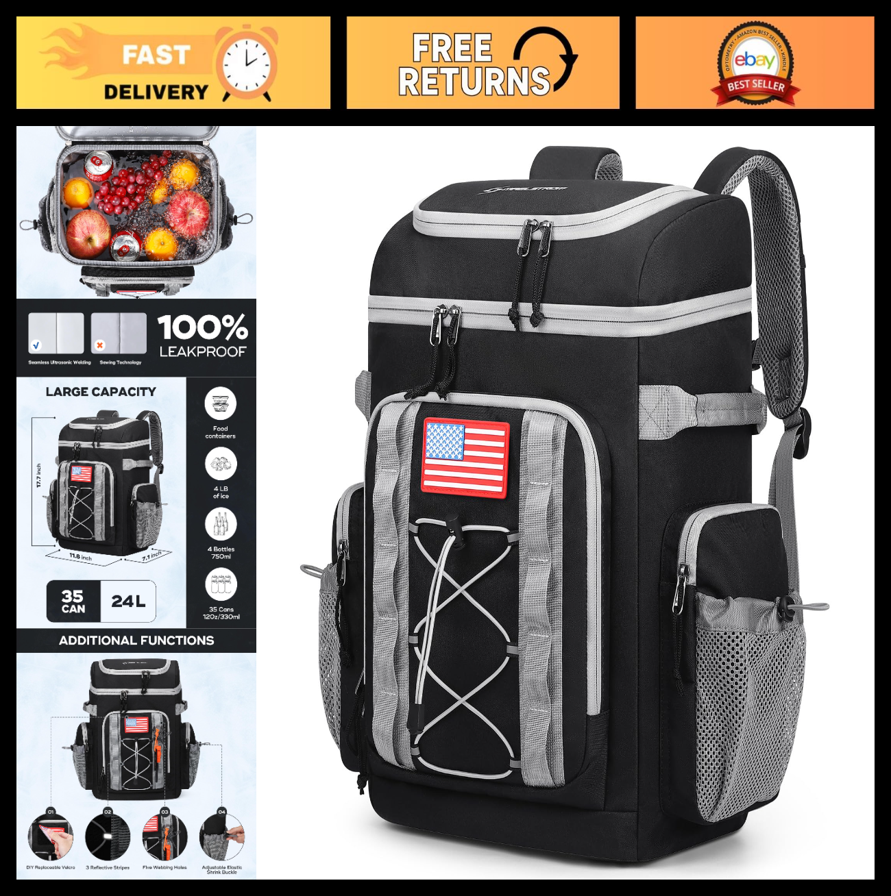 Insulated Backpack Cooler - 35/50 Can, Leakproof Soft Ice Bag, 16H Cold Retentio0